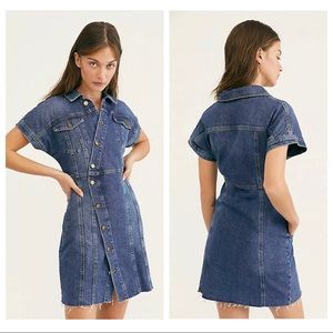 NWT- Free People ‘The City’ Denim Jean Mini Dress Button Down Short Sleeve Sm…